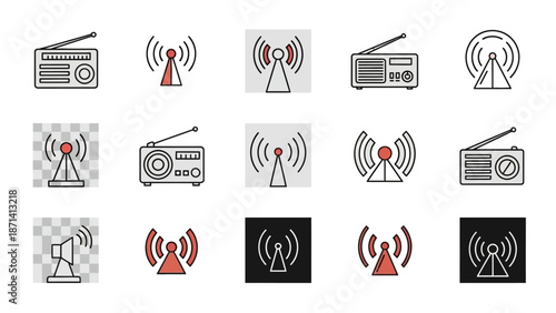 Diverse set of radio receiver and signal transmission icons in various styles on an isolated white background.