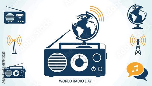 World Radio Day concept design with a globe, radio receivers, and communication towers on an isolated white background, celebrating global broadcasting.