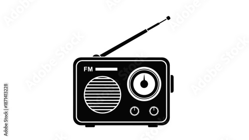 Vintage black FM radio receiver with an antenna on an isolated white background, retro electronic device for music and broadcasts.