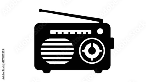 Black silhouette icon of a vintage radio receiver with a horizontal antenna and tuning dial on an isolated white background.