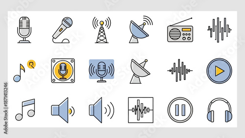 Colorful set of multimedia and communication icons on an isolated white background, depicting radio, microphone, music, and signal concepts.