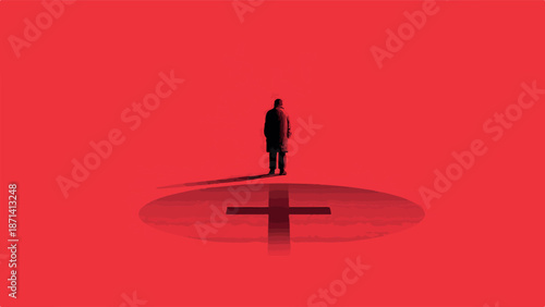 Human figure standing on a reflective surface with a minus symbol as shadow behind traced illustration