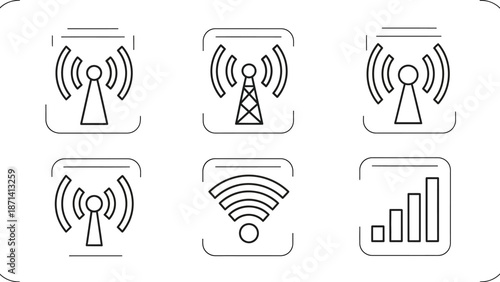 Set of simple outline wireless signal and antenna icons on an isolated white background, illustrating radio transmission and reception.