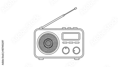 Outline drawing of a vintage radio receiver with an antenna on an isolated white background.