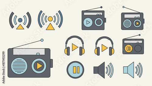 Colorful set of radio and audio player icons including headphones and sound waves on a bright studio background.