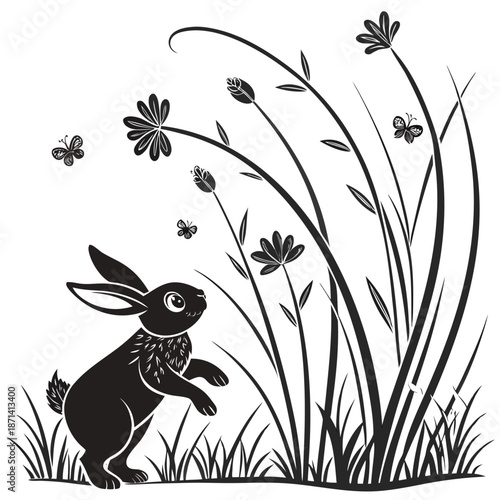 Chubby bunny silhouette leaping over grass, joyful spring activity, vector art