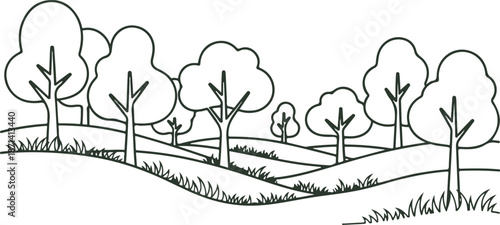 A serene landscape with trees on rolling hills