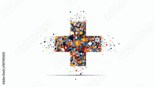 Colorful plus symbol acting as medical cross traced illustration on white background