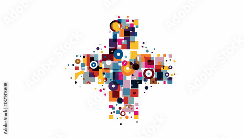 A plus symbol formed by connected team icons in a vibrant and dynamic illustration