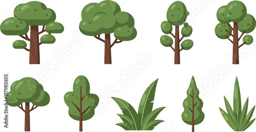 A collection of eight different tree and plant illustrations