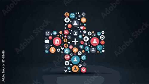 A person symbol combined with a chat bubble represents online support in a digital environment viewed from the front