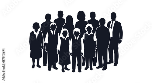 A silhouetted group of people standing closely together suggesting a team or community