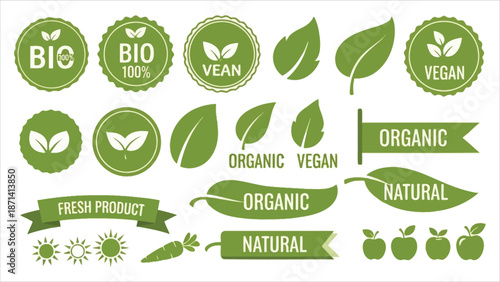 Organic bio label icons. Healthy, eco, and vegetarian food badges in vector format.
