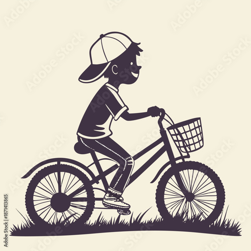 Child on a bicycle silhouette, moving through a sunlit grassy field, vector art
