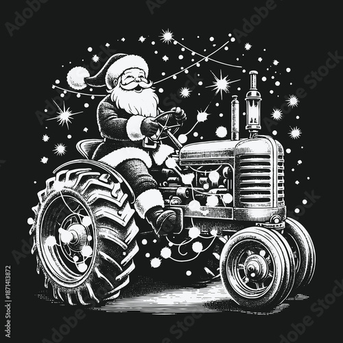 Santa Claus Driving Tractor with Christmas Lights Illustration.