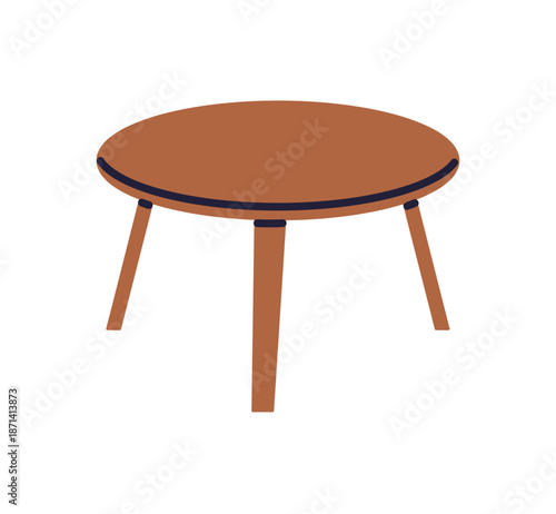 Wooden coffee table with round tabletop and slim legs, minimalist scandinavian furniture for home interior, simple modern design flat vector illustration isolated on white background.