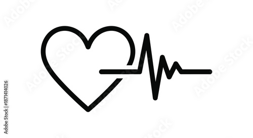 A simple black and white illustration combines a heart shape with an electrocardiogram heartbeat line