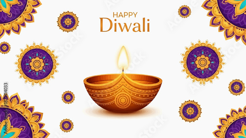 Elegant Diwali Background with Burning Diya Lamp and Purple Mandalas