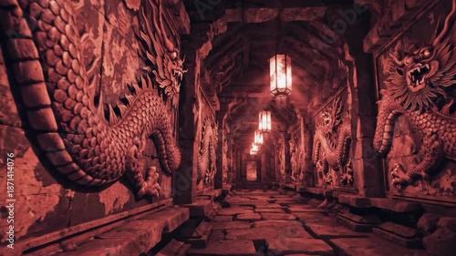 Dimly lit corridor with dragon carvings and hanging lanterns