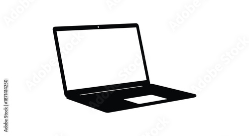 A minimalist black and white silhouette of a modern laptop computer with a blank screen