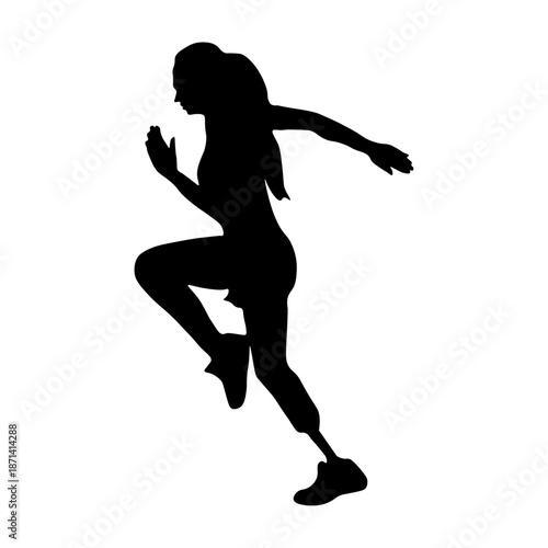 Black silhouette of a woman with prosthetic leg running in motion. Athletic female figure with artificial limb isolated on white background. Concept of inclusive sport, adaptive fitness, disability 