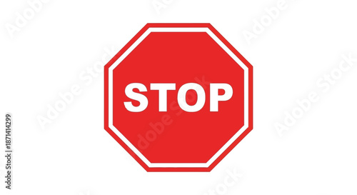 A classic red octagonal stop sign with bold white lettering indicating a traffic regulation