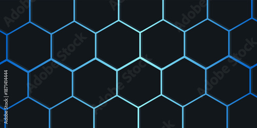 Dark hexagon abstract technology background with blue and pink colored bright flashes under hexagon. Hexagonal gaming vector abstract tech background.