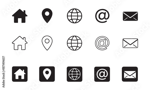 Collection of essential contact and web interface icons including home, location pin, globe, email, and message symbols in different styles