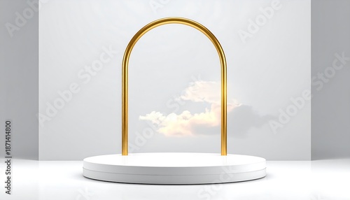 Minimalist Product Display with Golden Arch and Cloud Background.