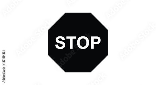 A stark image of a classic black octagonal stop sign with bold white lettering