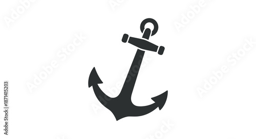 A simple black silhouette of a classic ship anchor against a completely white background