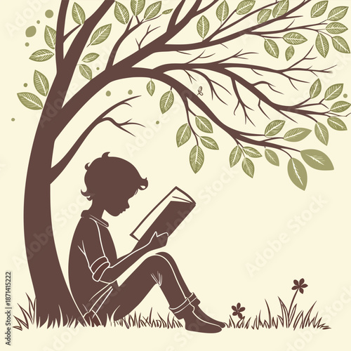 Child reading a large book under a tree silhouette, symbolizing learning and imagination
