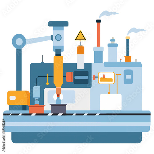 Industrial robot arm assembles machinery parts in a factory setting with caution sign.