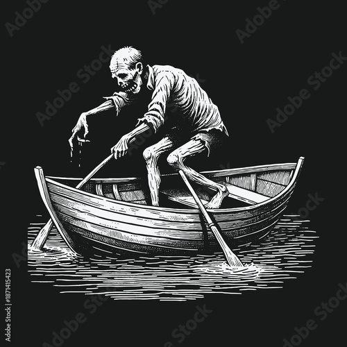 Grim Reapers Journey: A Skeletal Ferryman on the River Styx.
