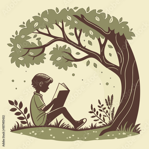 Silhouette of a child finding knowledge in a book under a tree, inspiring young minds