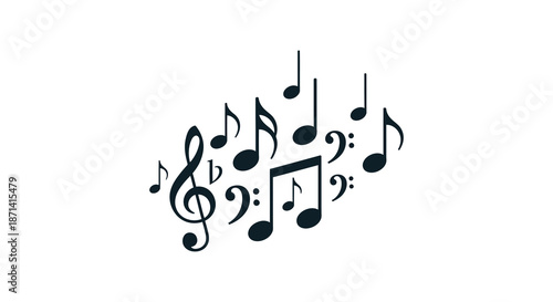 A collection of black musical notes and symbols scattered across a plain white background