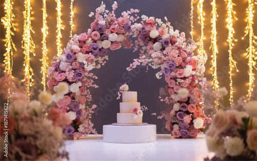 Wedding cake on white pedestal in front of floral arch with string lights  romantic celebration decoration