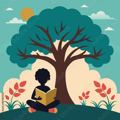 Silhouette of a child reading a book under a tree, representing personal growth and education