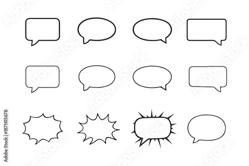 Comic style speech and thought bubble outlines for dialogue, communication, and message bubbles in various shapes like square, oval, and explosion