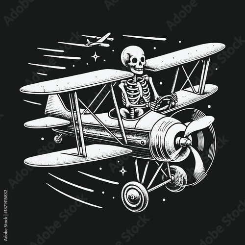 Skeleton Pilot Soaring Through the Night Sky in Biplane.