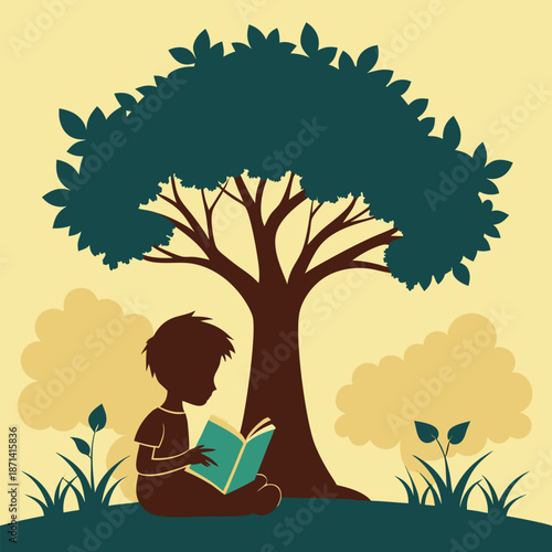 Child silhouette focused on reading a large book under a tree, promoting literacy and imagination