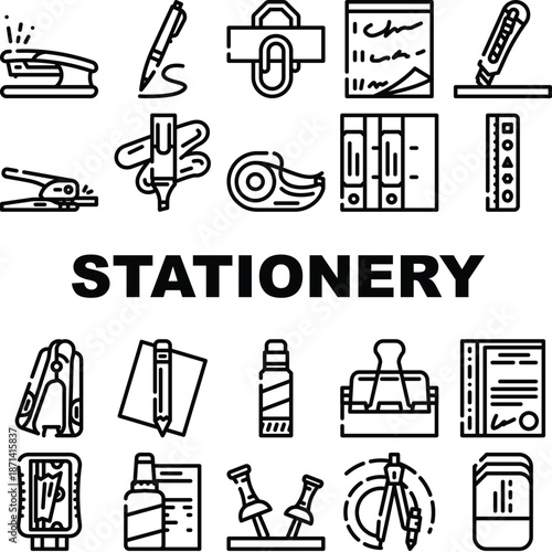 Stationery Equipment Collection Icons Set Vector