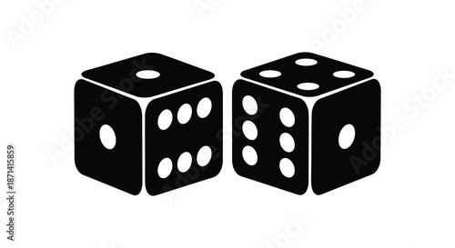 A simple illustration depicting two black dice with visible pips angled slightly towards each other