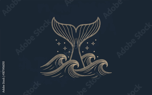 whale tail with waves and stars on navy blue