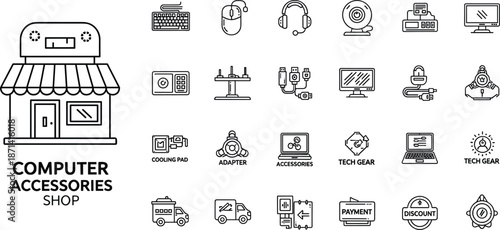 Computer accessories shop icon set illustration, technology devices and electronics symbols, outline vector style, business retail concept, isolated white background