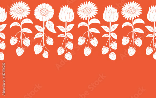 White floral pattern with sunflowers and strawberries on orange background