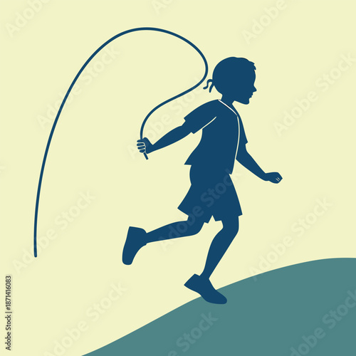 Joyful child silhouette jumping rope outdoors, energetic childhood fun, dynamic vector illustration