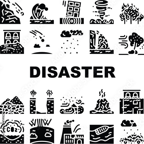 Disaster Destruction Collection Icons Set Vector