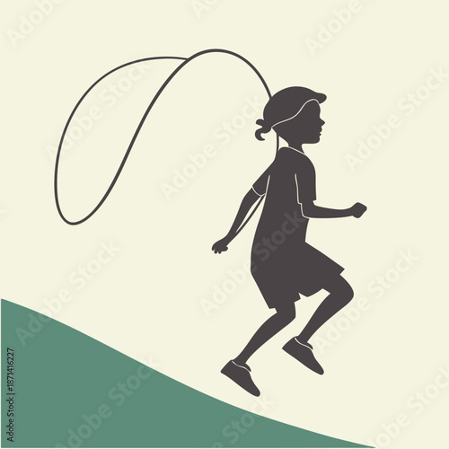Child silhouette jumping rope with a curved rope, symbolizing active play and happy childhood, vector graphic