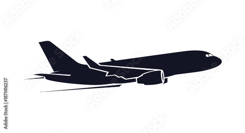 A simple black silhouette of a commercial passenger airplane in flight against a white background